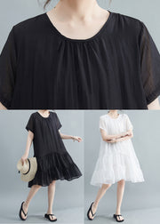 Casual Black O-Neck Patchwork Wrinkled Cotton Dresses Summer