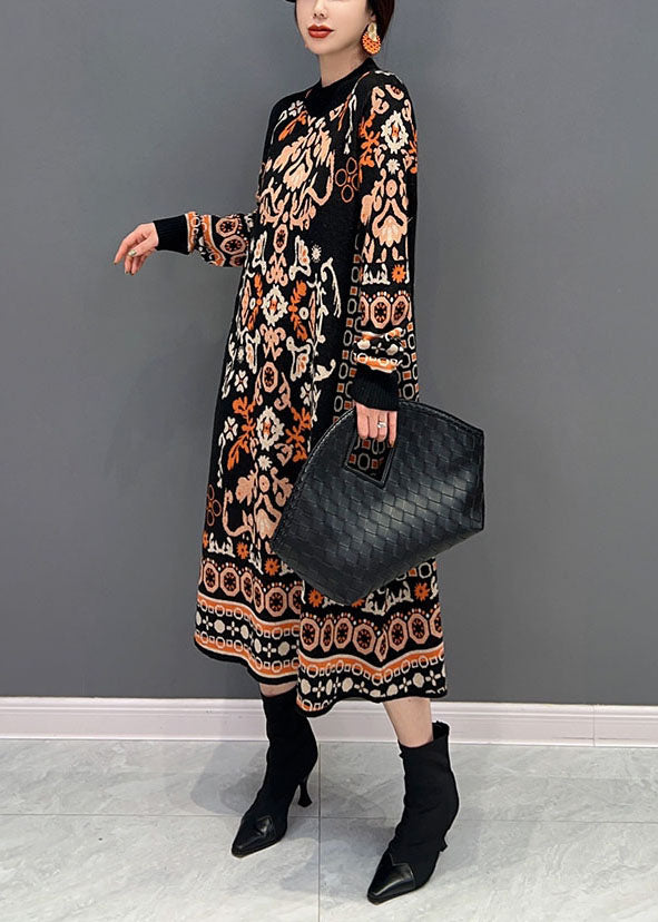 Casual Black O-Neck Print Knit Long Dress Winter