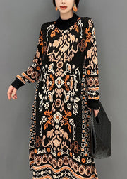 Casual Black O-Neck Print Knit Long Dress Winter