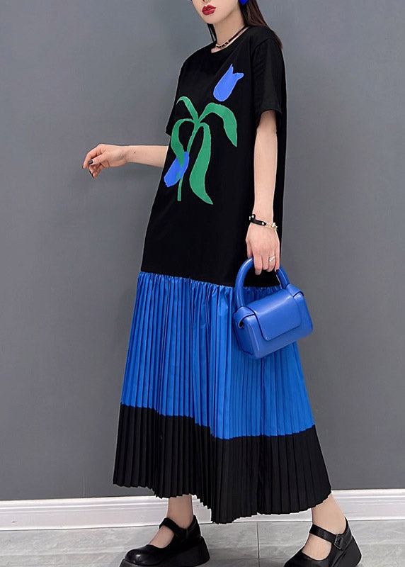 Casual Black O-Neck Print Patchwork pleated Dress Short Sleeve