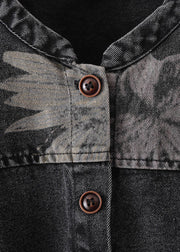 Casual Black O-Neck Print Pockets Button Denim Waistcoat Sleeveless