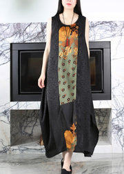 Casual Black O-Neck Print Side Open Silk Maxi Dress Summer
