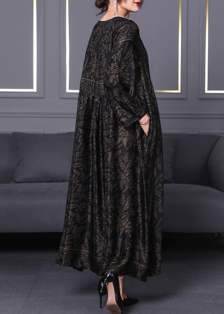 Casual Black O-Neck Print Silk Maxi Dress Long Sleeve