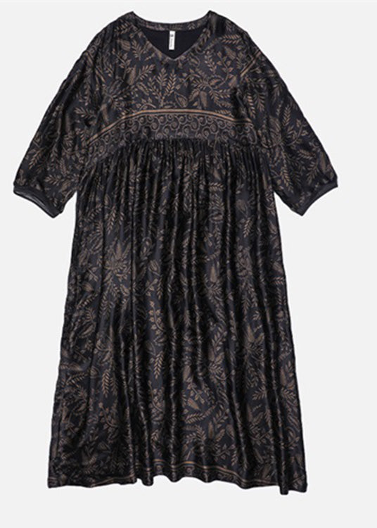 Casual Black O-Neck Print Silk Maxi Dress Long Sleeve