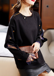 Casual Black O Neck Sequins Patchwork Cotton Sweatshirt Long Sleeve