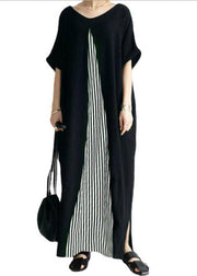 Casual Black O-Neck Striped Patchwork Cozy Maxi Dress Short Sleeve
