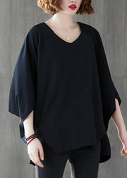 Casual Black Oversized Asymmetrical Side Open Cotton Tops Batwing Sleeve