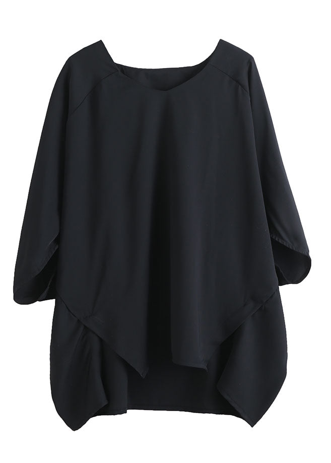 Casual Black Oversized Asymmetrical Side Open Cotton Tops Batwing Sleeve