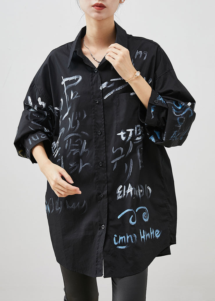 Casual Black Oversized Paintings Cotton Long Shirt Spring