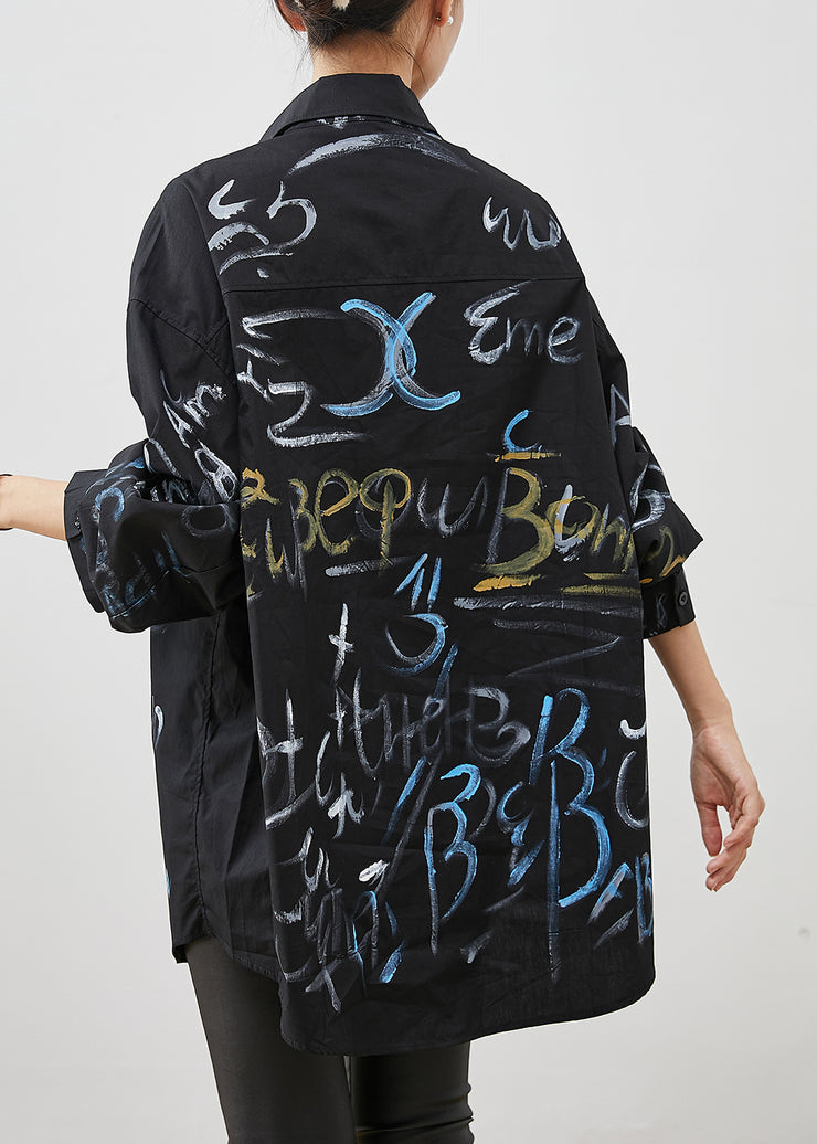 Casual Black Oversized Paintings Cotton Long Shirt Spring