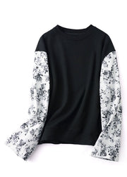Casual Black Oversized Patchwork Print Cotton Loose Sweatshirts Top Winter