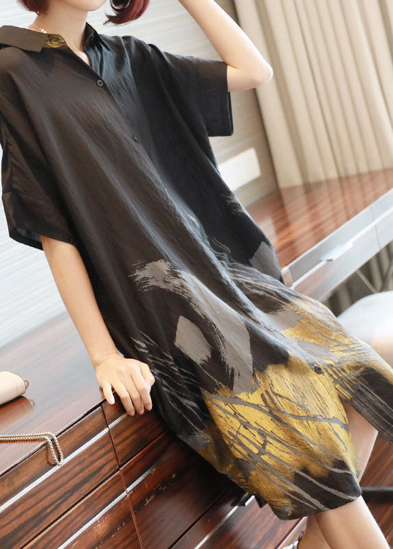 Casual Black Oversized Tie Dye Cotton Long Dress Summer