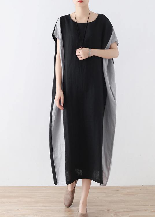 Casual Black Patchwork Bat wing Sleeve Mid Summer Linen Dress - SooLinen