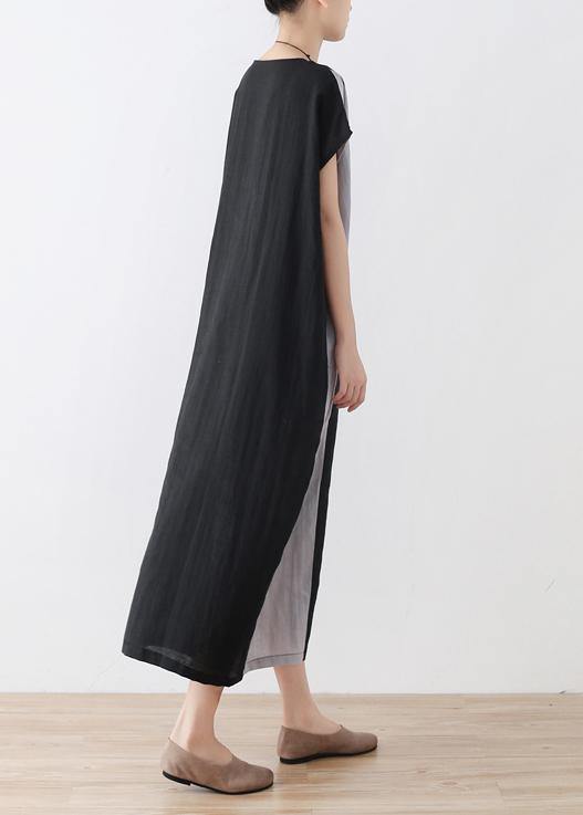 Casual Black Patchwork Bat wing Sleeve Mid Summer Linen Dress - SooLinen