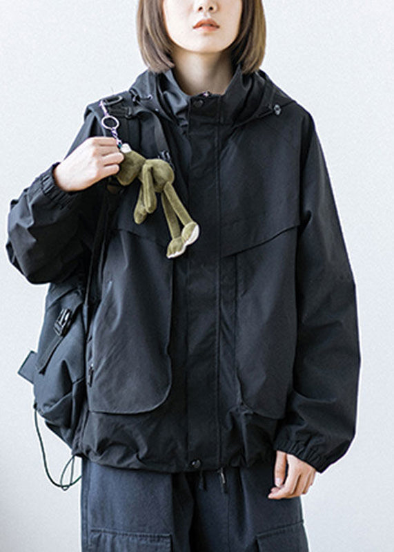 Lässige schwarze Patchwork-Knopftaschen mit Reißverschluss, Kordelzug, Kapuzenmäntel, lange Ärmel