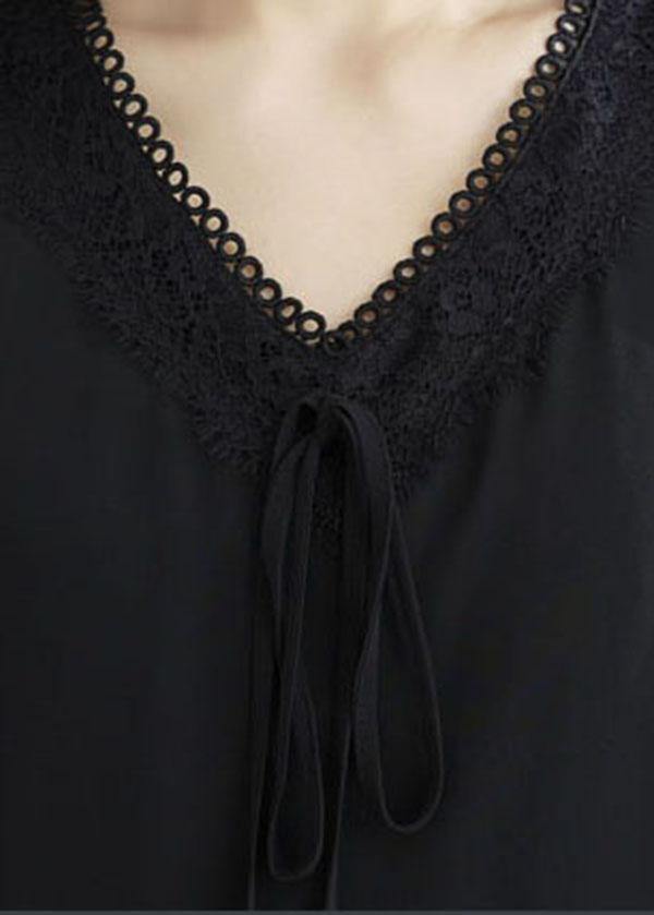Casual Black Patchwork Lace V Neck Mid Dress Summer Chiffon Dress - SooLinen