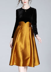 Casual Black Patchwork Orange Velour Long Dress Spring