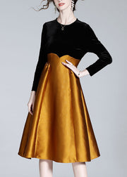 Casual Black Patchwork Orange Velour Long Dress Spring