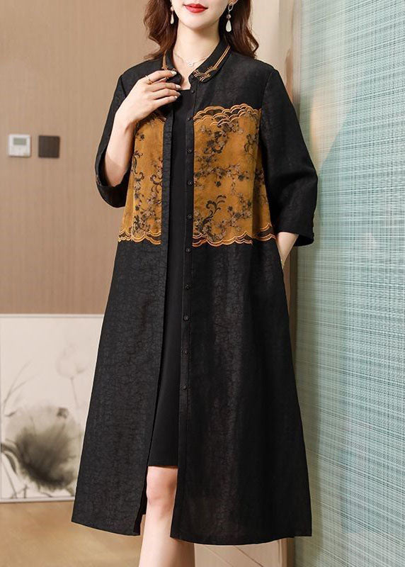 Casual Black Peter Pan Collar Embroidery Patchwork Silk Cinch Trench Spring