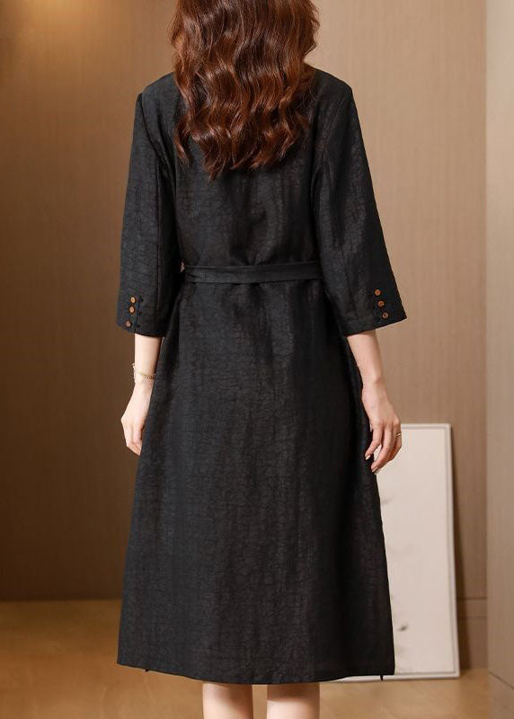 Casual Black Peter Pan Collar Embroidery Patchwork Silk Cinch Trench Spring