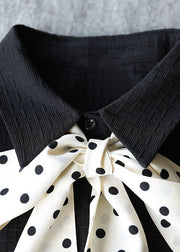 Beiläufiges schwarzes Peter-Pan-Kragen-Patchwork-Plaid-Bogen-Krawatten-Baumwollplissee-Kleid mit langen Ärmeln