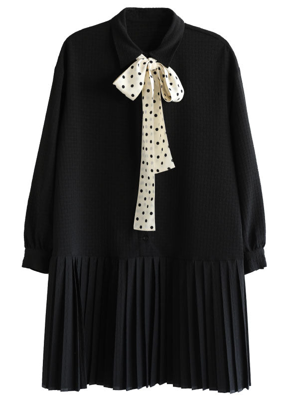 Casual Black Peter Pan Collar Patchwork Plaid Bow Necktie Cotton Pleated Dress Long Sleeve