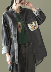Casual Black Peter Pan Collar Print Cotton Denim Shirt Long Sleeve