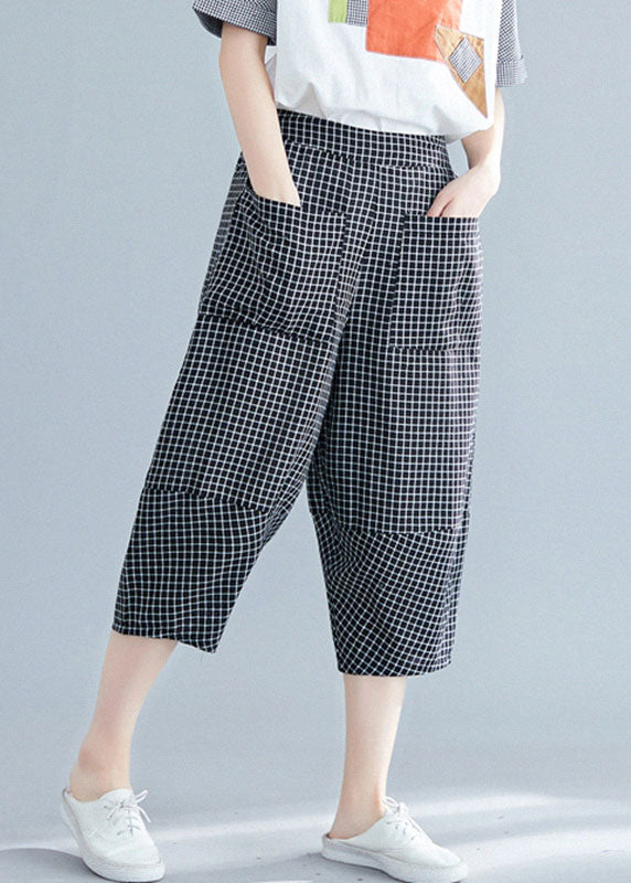 Casual Black Plaid Elastic Waist Pockets Cotton Crop Pants Trousers Summer
