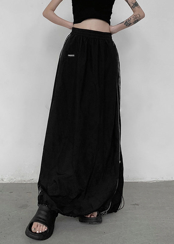 Casual Black Pockets Elastic Waist Patchwork Cotton Maxi Skirts Fall