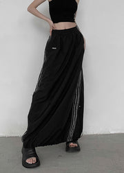 Casual Black Pockets Elastic Waist Patchwork Cotton Maxi Skirts Fall