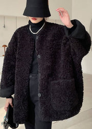 Casual Black Pockets Faux Fur Jacket Winter