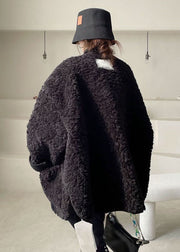 Casual Black Pockets Faux Fur Jacket Winter