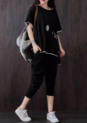 Casual Black Pockets Patchwork Tops And Pants Cotton Two Piece Suit Set Summer