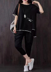 Casual Black Pockets Patchwork Tops And Pants Cotton Two Piece Suit Set Summer