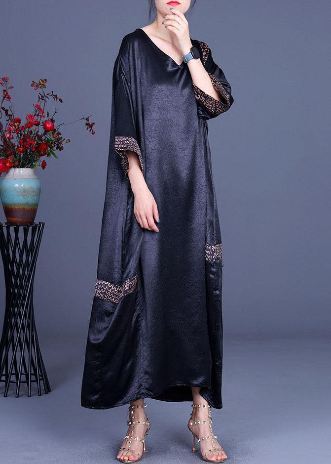 Casual Black Print Patchwork Silk asymmetrical design Summer Party Dress - SooLinen