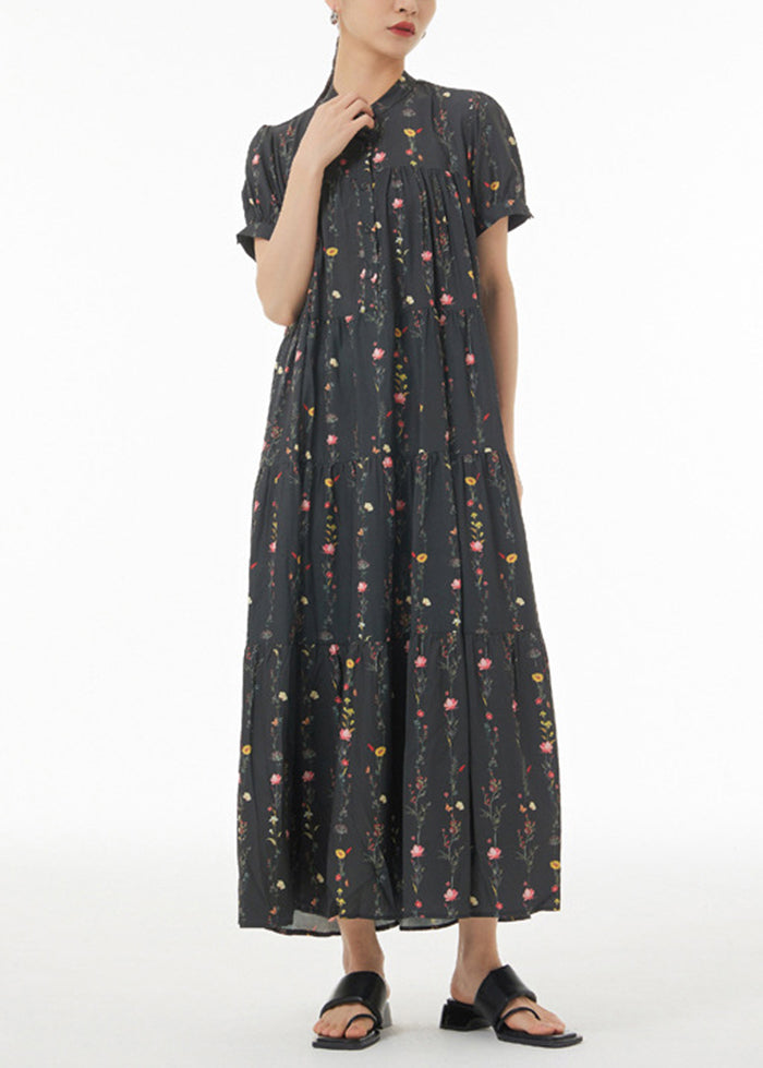Casual Black Print Patchwork Wrinkled Cotton Maxi Dresses Summer