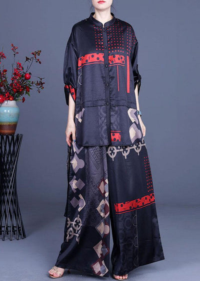 Casual Black Print Silk Low high design Wide Leg Women Two Pieces Sets - SooLinen