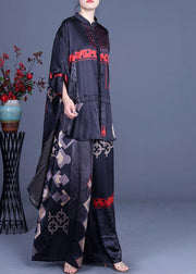 Casual Black Print Silk Low high design Wide Leg Women Two Pieces Sets - SooLinen