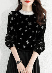 Casual Black Ruffled Butterfly Velour Shirt Top Spring