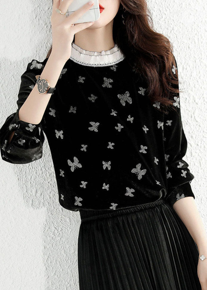 Casual Black Ruffled Butterfly Velour Shirt Top Spring