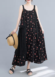Casual Black Ruffled Patchwork Print Chiffon Strap Dress Summer