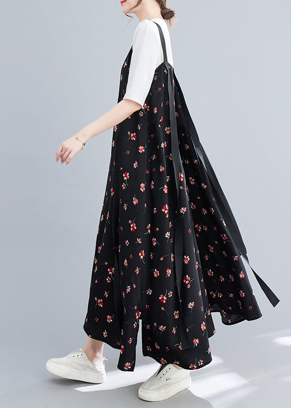 Casual Black Ruffled Patchwork Print Chiffon Strap Dress Summer