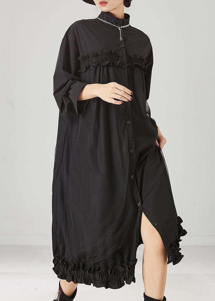 Casual Black Ruffled Patchwork Tulle Cotton Maxi Dress Spring