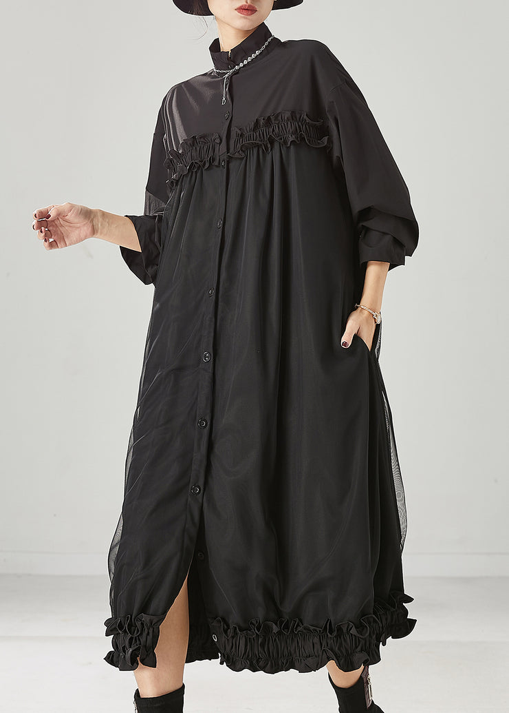 Casual Black Ruffled Patchwork Tulle Cotton Maxi Dress Spring