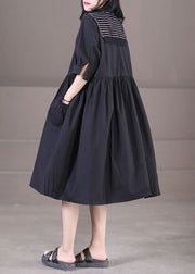 Casual Black Sailor Collar Patchwork Cotton Pleated Dress Half Sleeve