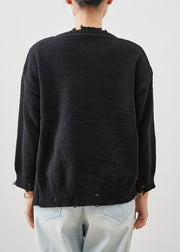 Casual Black Side Open Knit Ripped Sweaters Winter