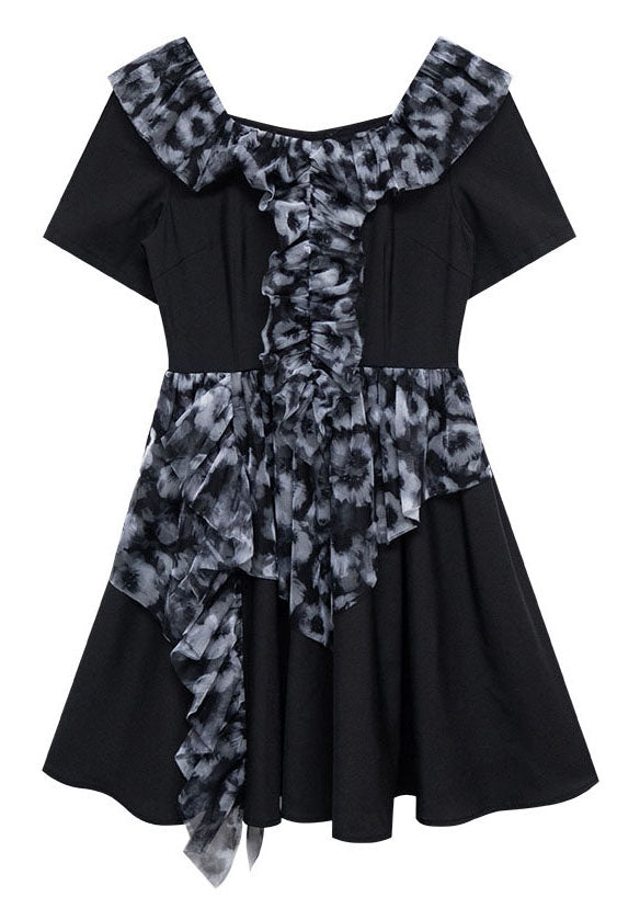 Casual Black Square Collar Ruffled Patchwork Print Pleated Dress Short Sleeve