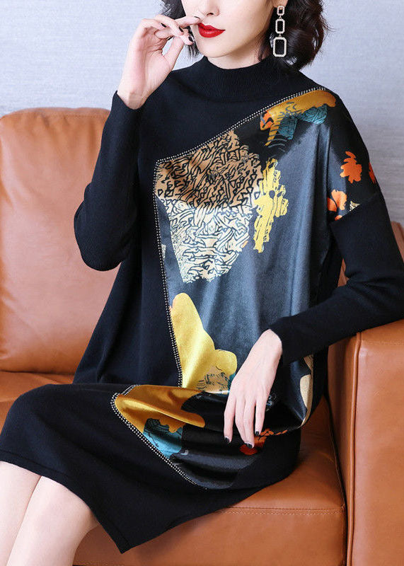 Casual Black Stand Collar Asymmetrical Patchwork Print Knit Long Sweater Winter