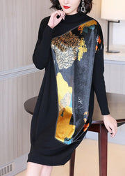 Casual Black Stand Collar Asymmetrical Patchwork Print Knit Long Sweater Winter