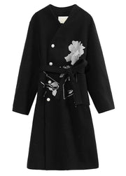 Casual Black Stand Collar Embroidered Tie Waist Button Thick Woolen Long Trench Coat Winter